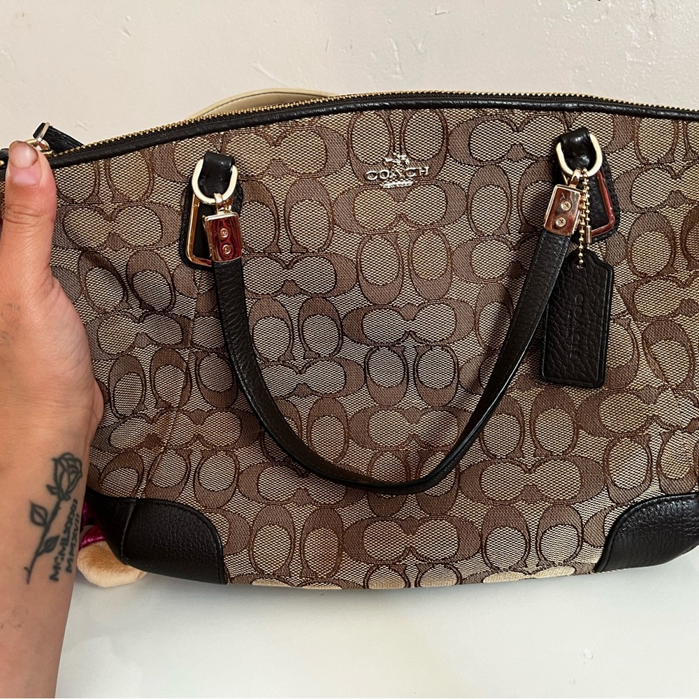 Coach Brown and Black Shoulder Bag with Monogram Pattern